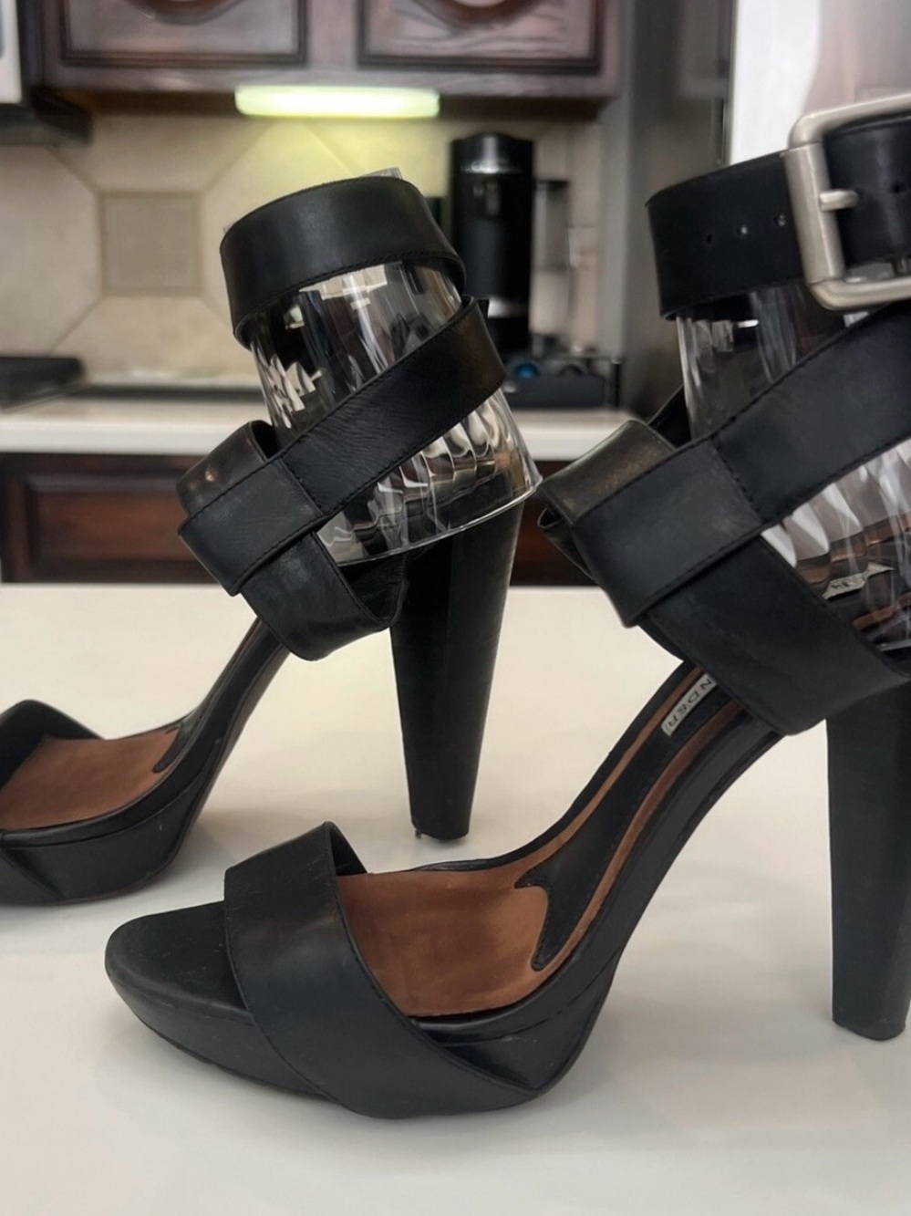 Vera Wang Lavender Line Brown Leather Platform High Heel Sandals - Women
